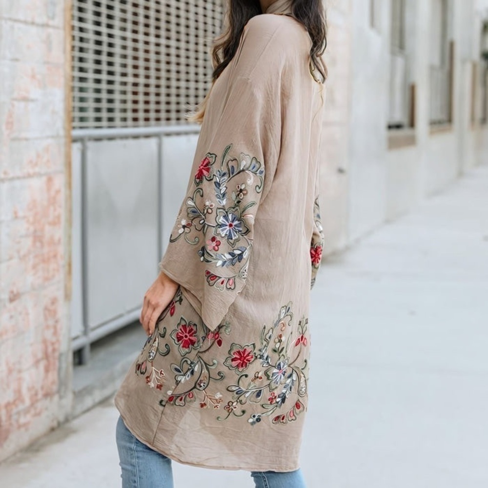Fun In Florals Mocha Floral Embroidered Long Tan Cardigan Kimono - Picture 3 of 9
